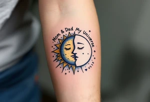 A whimsical sun and moon design in yellow and navy with “Mom & Dad My Universe” circling it. tattoo idea