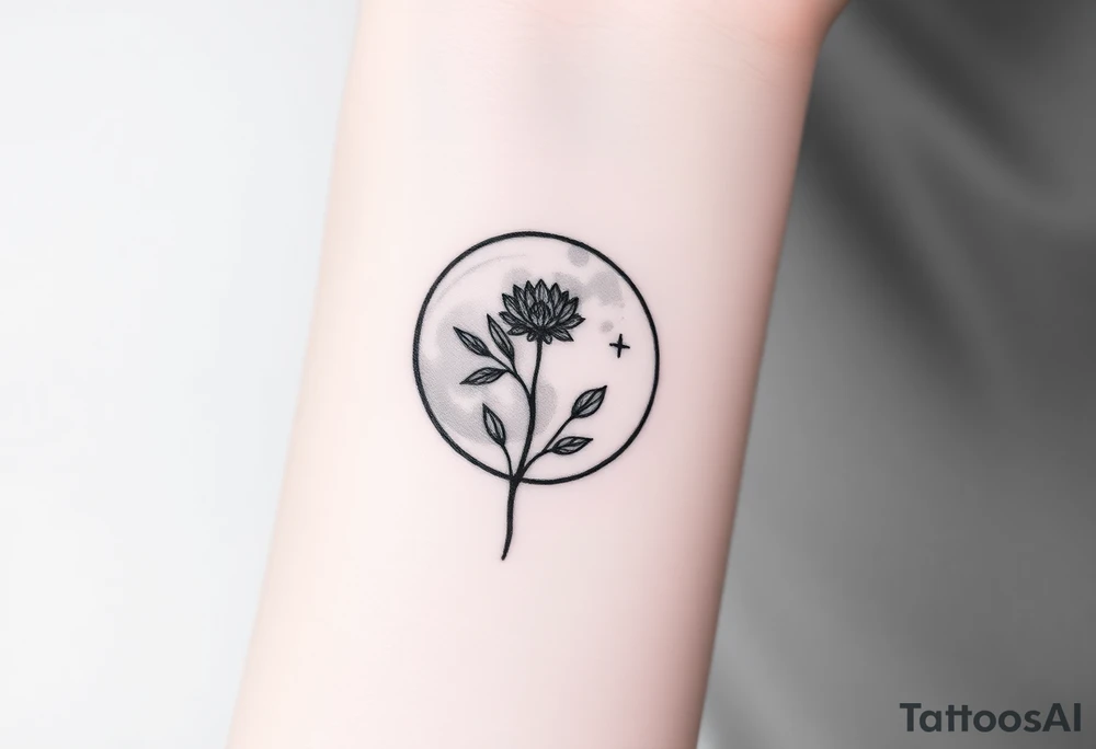 Small black ink tattoo with full moon, small chrysanthemum and tiny scorpio gliph inside moon tattoo idea