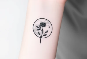 Small black ink tattoo with full moon, small chrysanthemum and tiny scorpio gliph inside moon tattoo idea