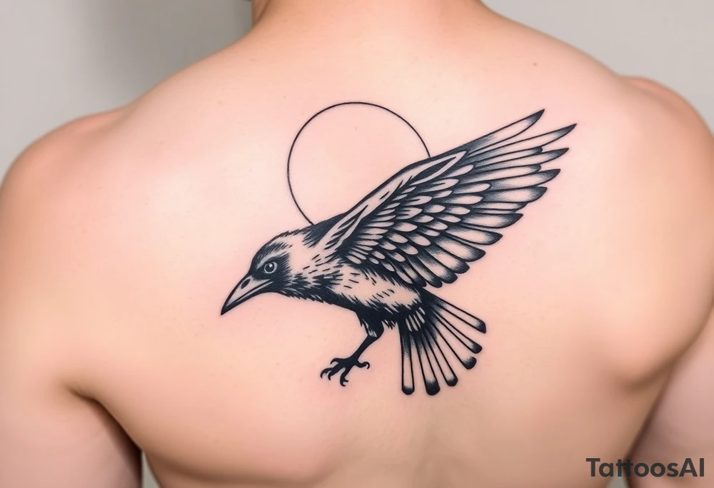 Raven from side view with wing out over moon tattoo idea