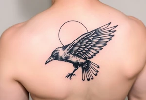Raven from side view with wing out over moon tattoo idea