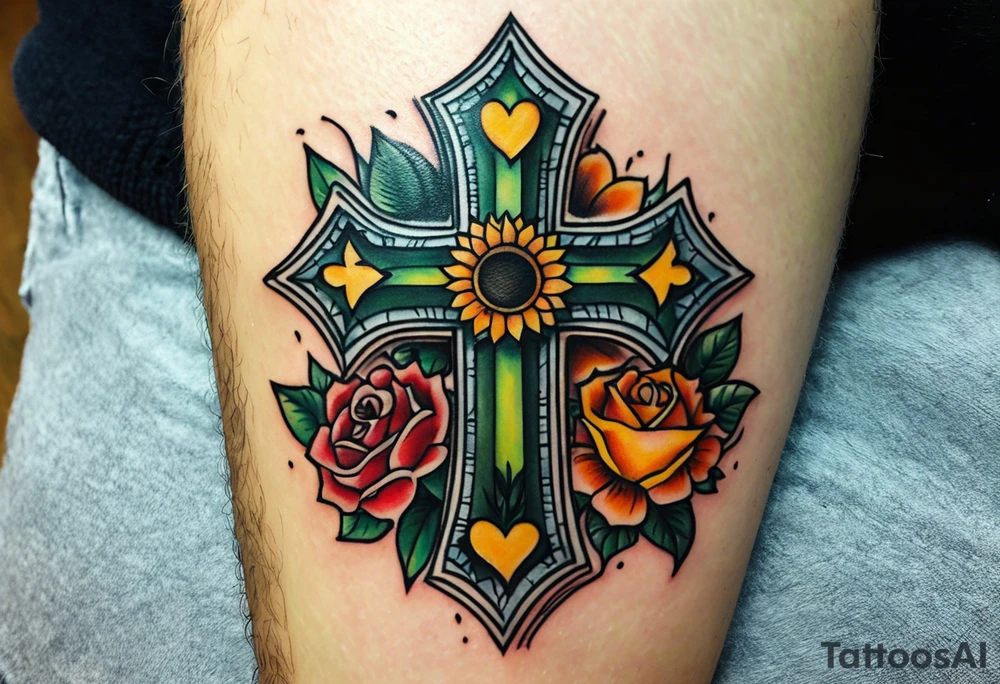 A cross with my family’s names on it names are Peter Lori Kyle and around Peter’s name put a motercycle and a bear around loris name put a sunflower and a heart and around Kyle’s name put a baseball and electricity tattoo idea