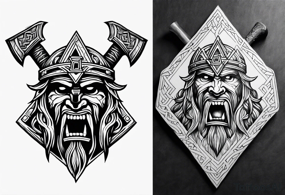 Valhalla sword shield axe Valknut fire tattoo idea