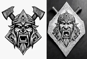 Valhalla sword shield axe Valknut fire tattoo idea