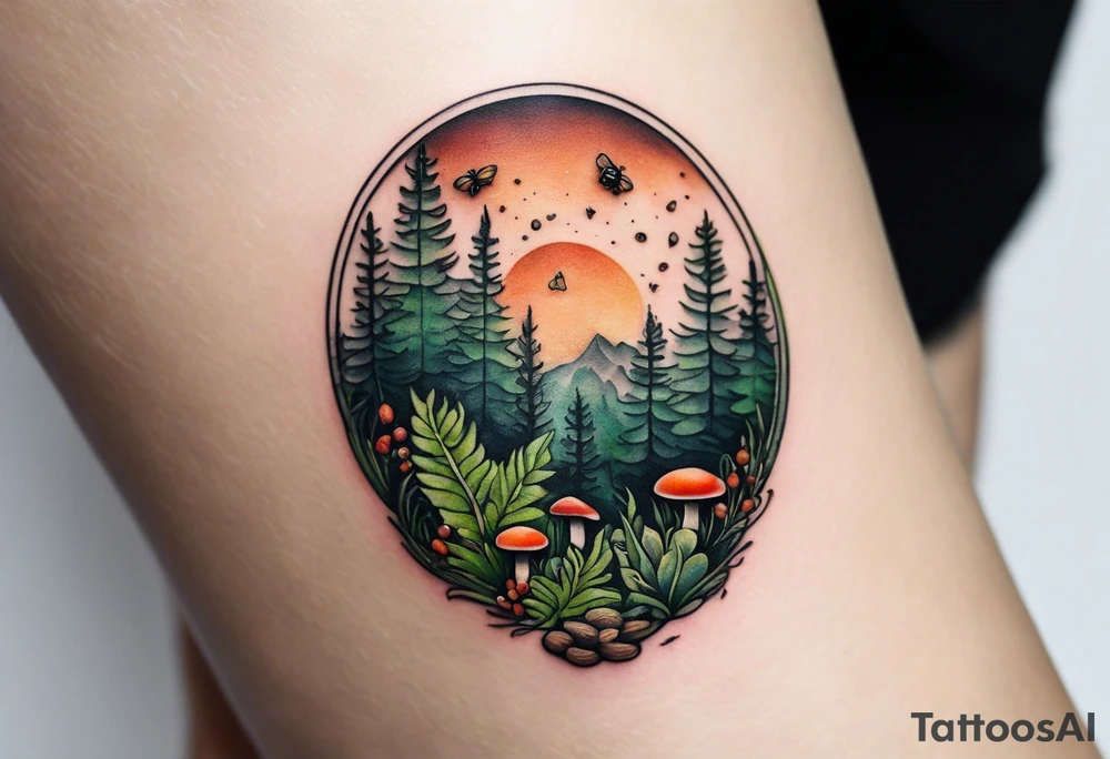 minimalistic forest floor inspired tattoo, which includes grass, moss, curly ferns and dead leaves as the bulk of the tattoo. details to include: forest berries, couple of very small brown mushrooms, a tiny bumblebee flying nearby tattoo idea