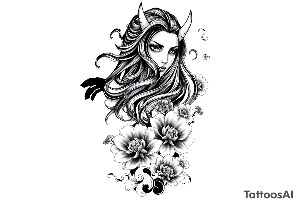Full sleeve Japanese-inspired tattoo design featuring a beautiful female oni (demon woman) with an elegant, mysterious expression, one hand partially covering her face, long flowing hair integrated into swirling wind and wave patterns, large detailed chrysanthemums and peonies woven through the composition, dynamic negative space with bold black fills and smooth gradients, traditional Japanese cloud and water motifs, high-contrast black and grey with soft shading and sharp linework, balanced composition wrapping around the arm, modern neo-Japanese illustrative style.

– High contrast black and grey
– Neo-Japanese tattoo
– Traditional Japanese motifs
– Sleeve layout design
– Chrysanthemums, peonies, wind bars, waves
– Female oni portrait tattoo idea