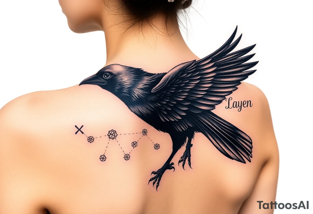 Raven with starry sky background with zodiac constellations in it with runes in sky tattoo idea