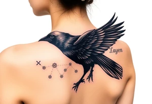 Raven with starry sky background with zodiac constellations in it with runes in sky tattoo idea