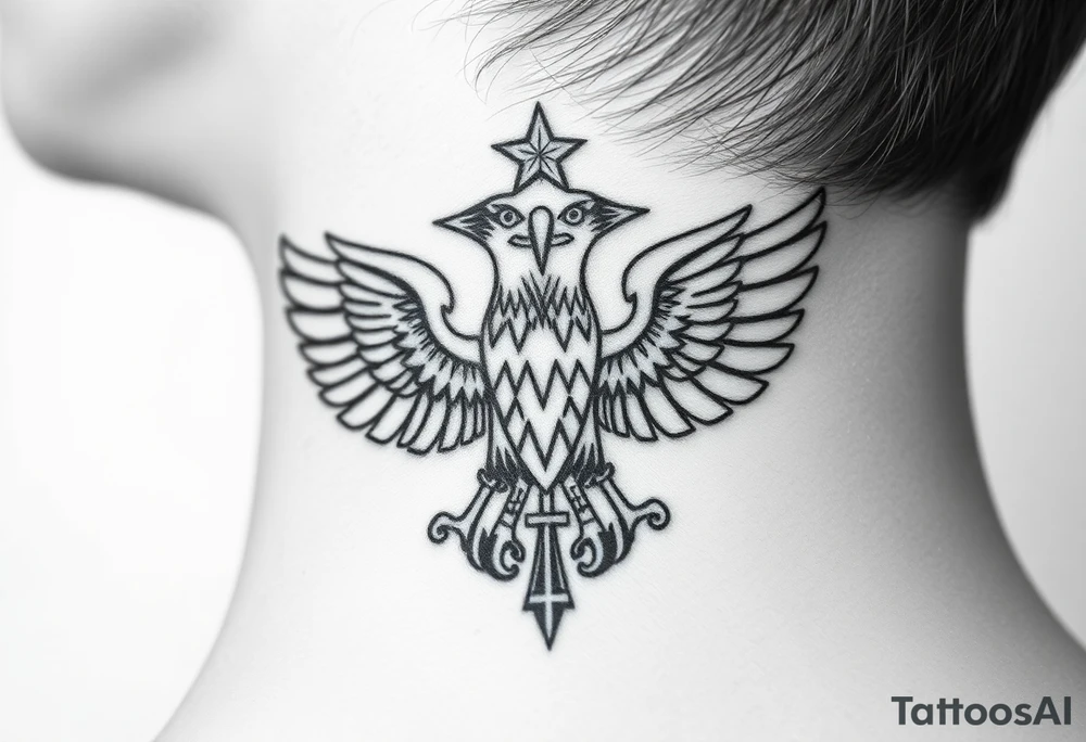 Double-headed eagle outline only (no shading) — suits neck skin which ages differently
Star above, small orthodox cross below tattoo idea