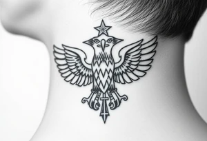 Double-headed eagle outline only (no shading) — suits neck skin which ages differently
Star above, small orthodox cross below tattoo idea