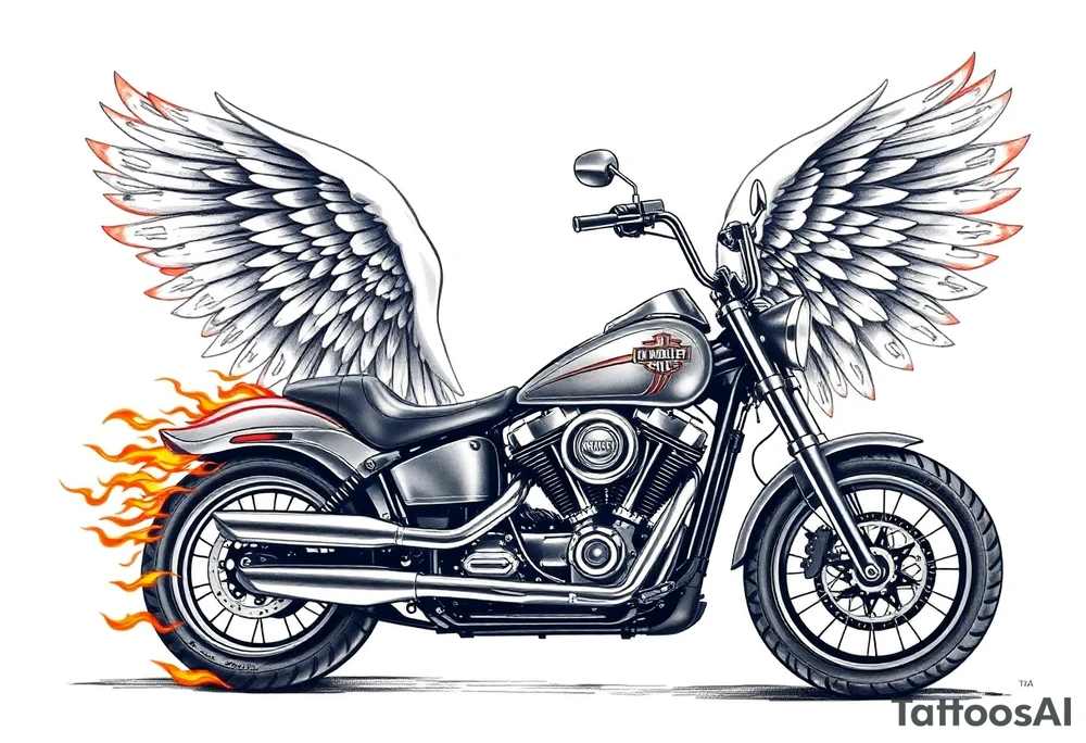 Harley grey motorcycle driving away, flames, angel wings tattoo idea