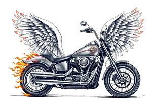 Harley grey motorcycle driving away, flames, angel wings tattoo idea