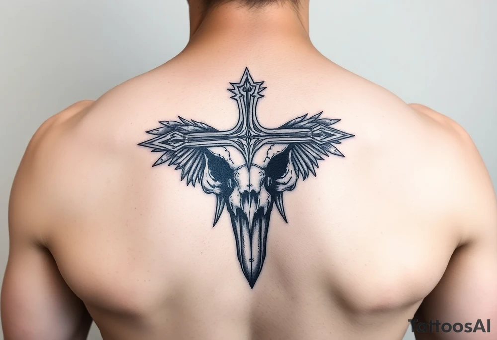 Leviathan cross etched on the skull of a raven tattoo idea