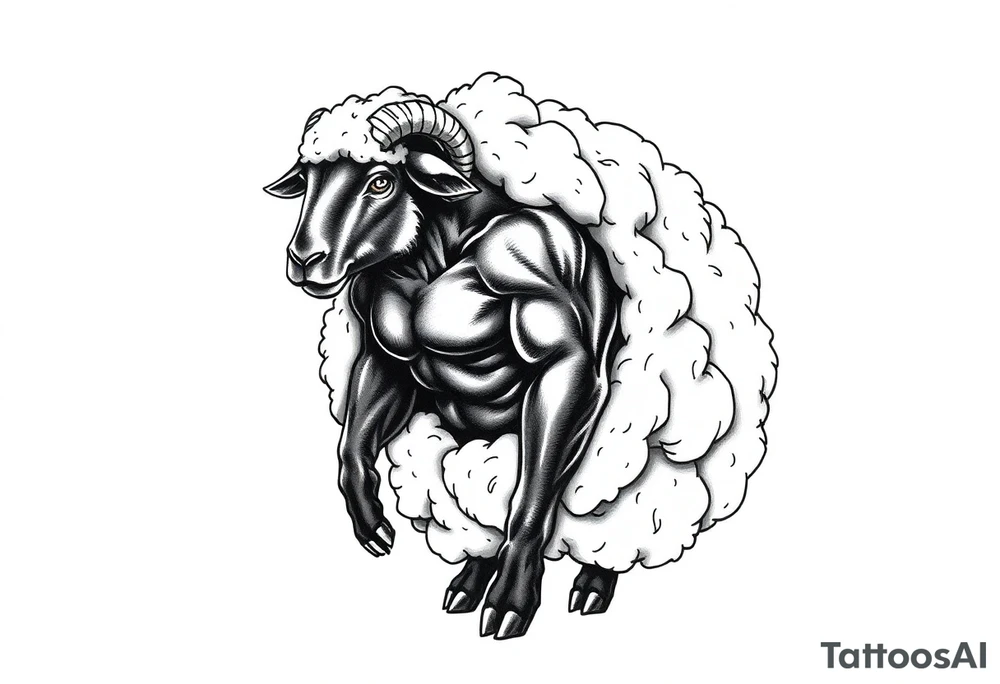 Black sheep with muscles stepping out of a white sheep costume tattoo idea