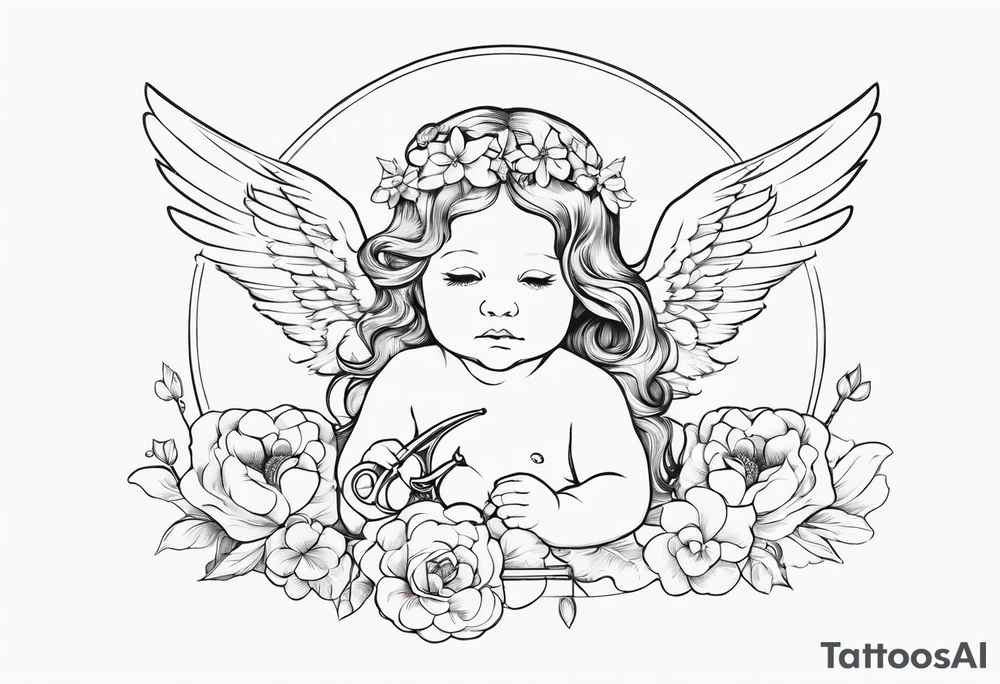 baby renaissance angel on cloud, long hair with flowers, holding bow and arrow, celestial, ethereal tattoo idea