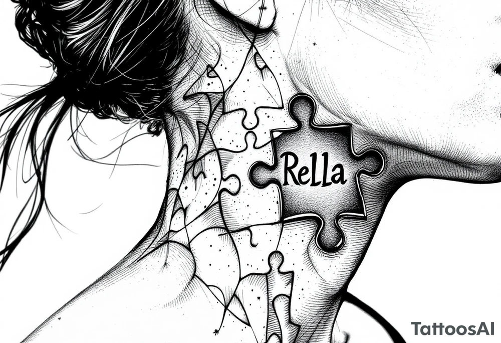Puzzle piece tattoo on side of the neck that says Rella in the middle tattoo idea