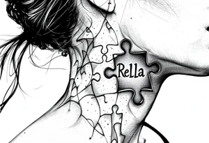 Puzzle piece tattoo on side of the neck that says Rella in the middle tattoo idea