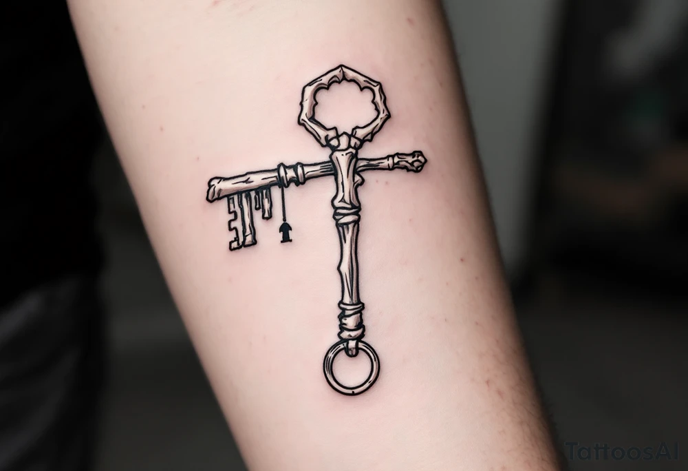 Key is carved from a skeletal finger bone and the lock placed next to it. The style is fine line with soft shading in muted gray and bone white, accented with light shadowing and subtle black ink details to give it a haunting yet elegant vibe. tattoo idea
