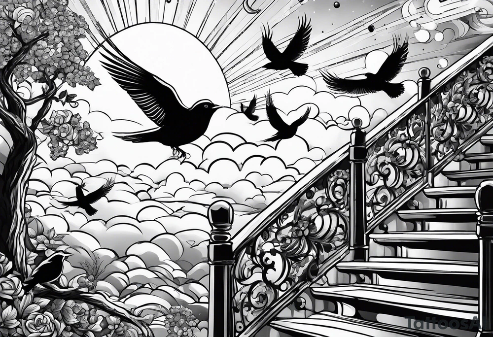 stars, clouds, birds,stairway tattoo idea