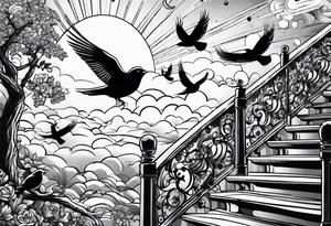 stars, clouds, birds,stairway tattoo idea