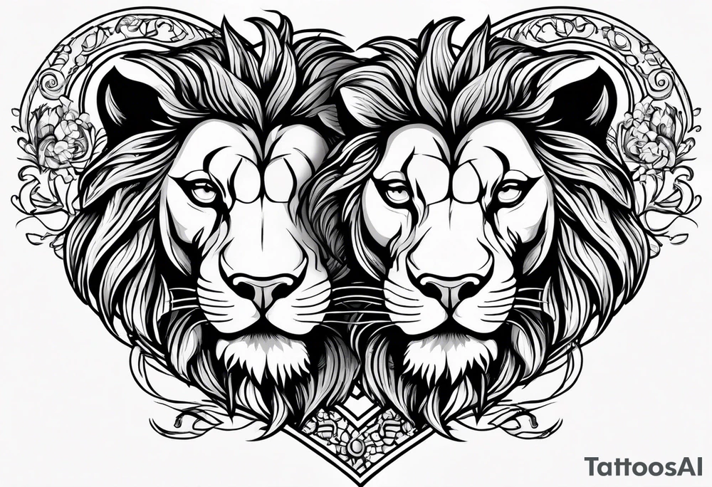 twin lion head shaped like a heart tattoo idea