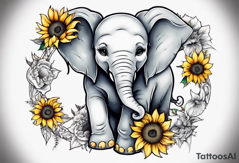 Under boob sternum baby elephant with sunflowers tattoo idea