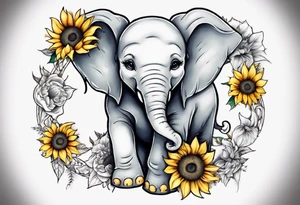 Under boob sternum baby elephant with sunflowers tattoo idea