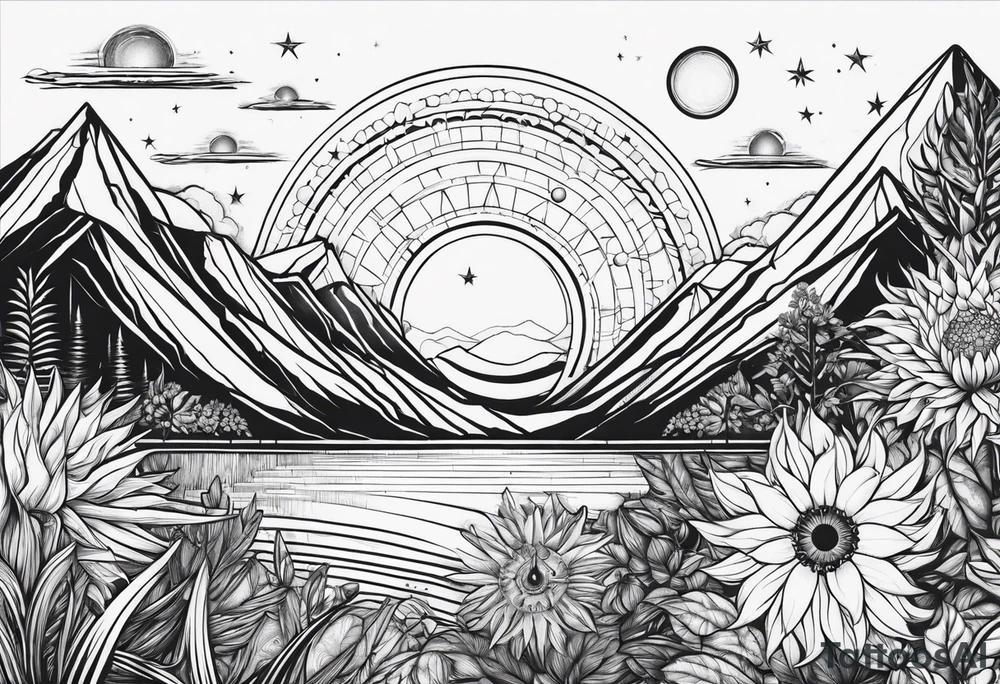 sun orbiting plantets in cosomos with starts in background tattoo idea