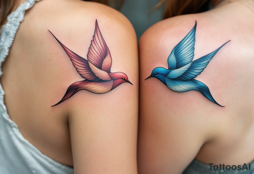Stylized swallows in dusty rose and deep blue flying toward each other on each partner back shoulders signify freedom and loyalty. tattoo idea