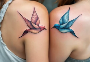 Stylized swallows in dusty rose and deep blue flying toward each other on each partner back shoulders signify freedom and loyalty. tattoo idea