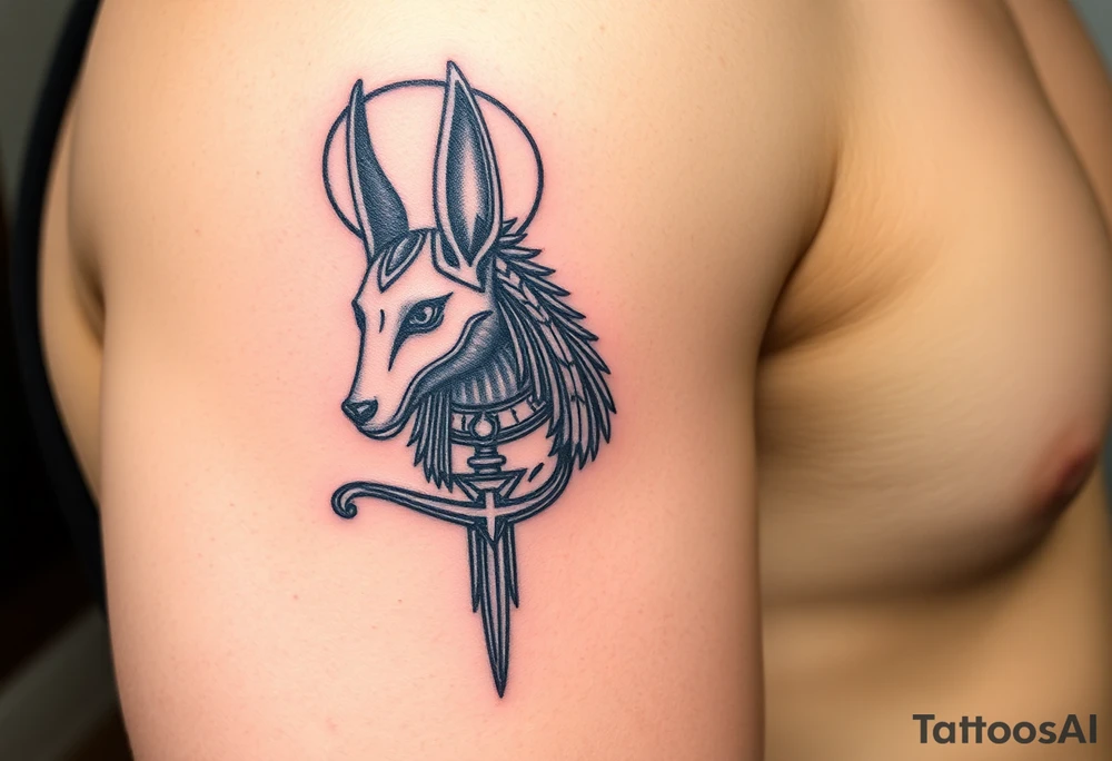 An Anubis with a Halo – Blending Egyptian mythology with Christian spirituality, symbolizing protection and righteousness. tattoo idea