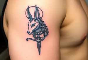 An Anubis with a Halo – Blending Egyptian mythology with Christian spirituality, symbolizing protection and righteousness. tattoo idea