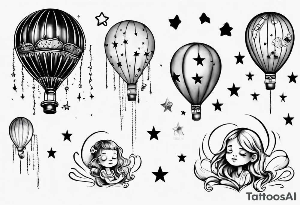 Hot water balloon with star and heart balloons and little girl inside dreaming tattoo idea
