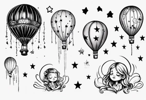 Hot water balloon with star and heart balloons and little girl inside dreaming tattoo idea