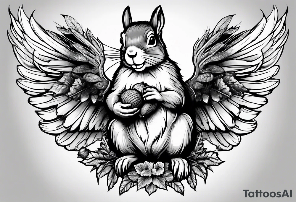 Squirrel with angel wings holding an acorn tattoo idea
