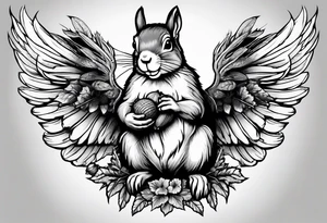 Squirrel with angel wings holding an acorn tattoo idea