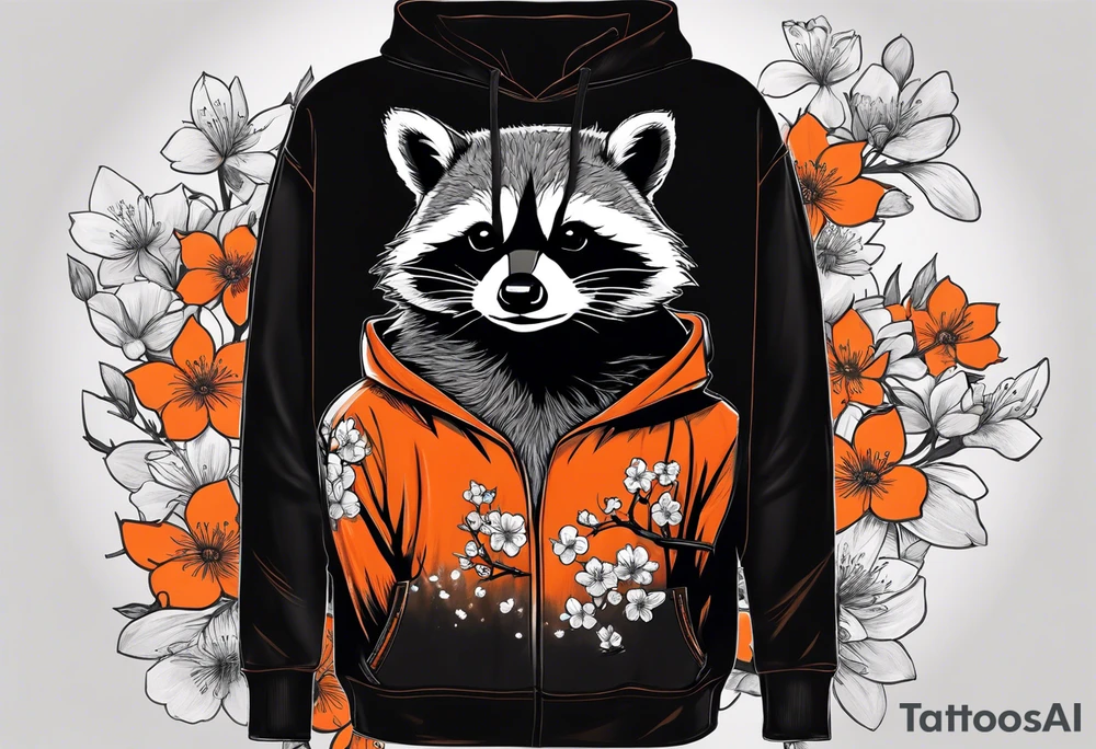 Raccoon wearing a white Superman logo on a black hoodie and orange Japanese cherry blossoms tattoo idea