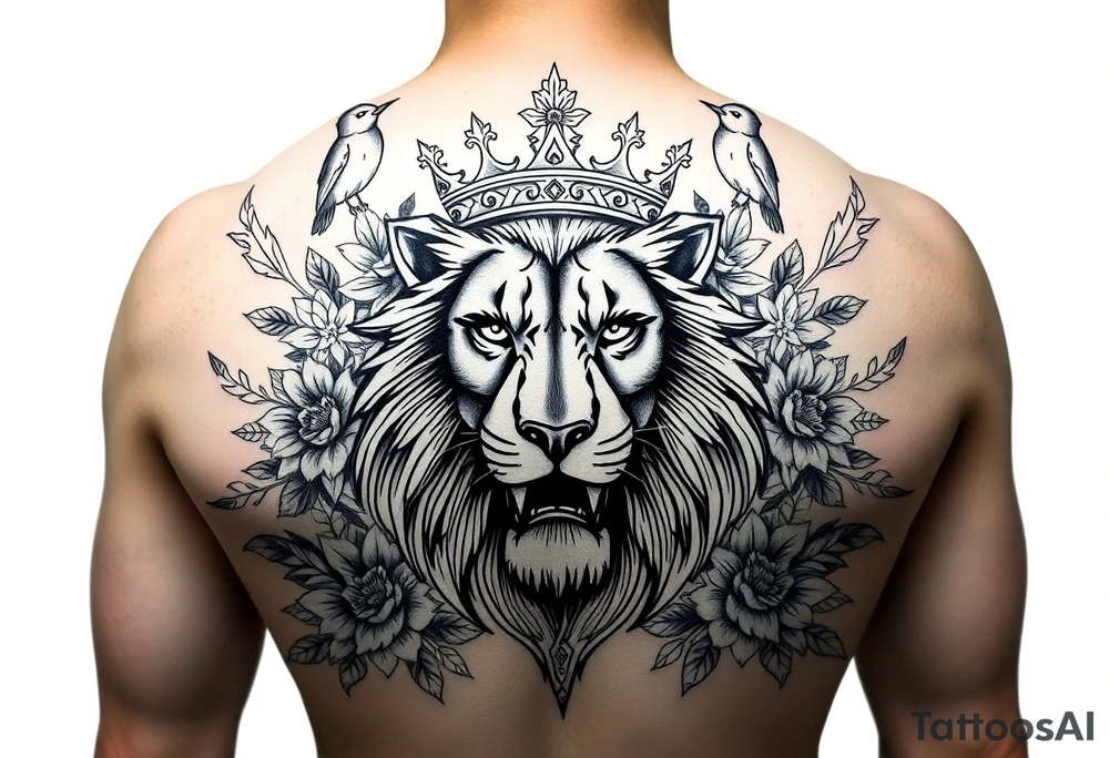 powerful majestic lion with a crown, surrounded by floral ornaments and birds tattoo idea