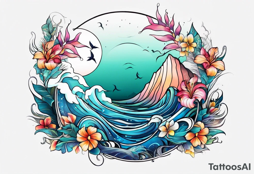 sea,, night, flower, palm, tattoo idea