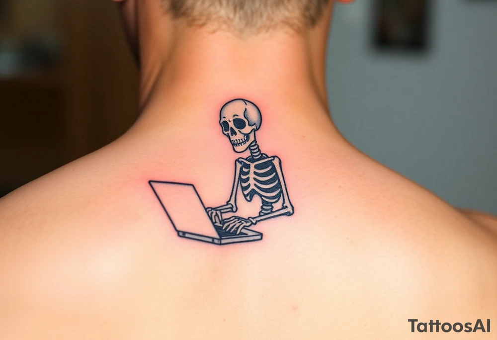 skeleton working at a laptop tattoo idea