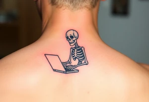 skeleton working at a laptop tattoo idea