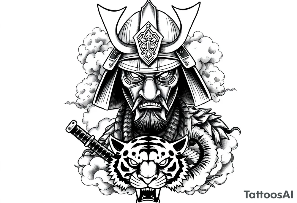 samurai warrior wearing a helmet and a mask. Some clouds around, with a tiger’s head beneath, and a samurai sword. This should be a good tattoo for forearm. Add a dragon going around them tattoo idea