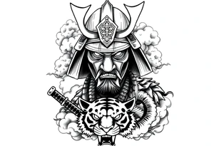 samurai warrior wearing a helmet and a mask. Some clouds around, with a tiger’s head beneath, and a samurai sword. This should be a good tattoo for forearm. Add a dragon going around them tattoo idea