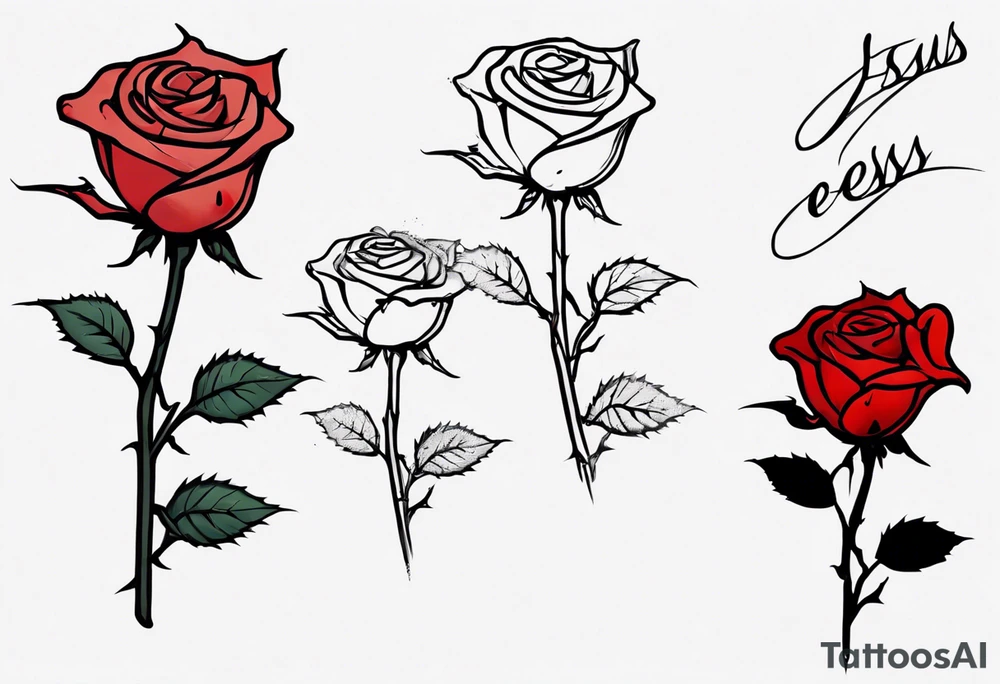 a one-line rose, add some splattered red blood and thorns, small, with stem, very simple, with the name Jesus as the stem tattoo idea