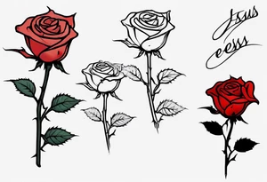 a one-line rose, add some splattered red blood and thorns, small, with stem, very simple, with the name Jesus as the stem tattoo idea