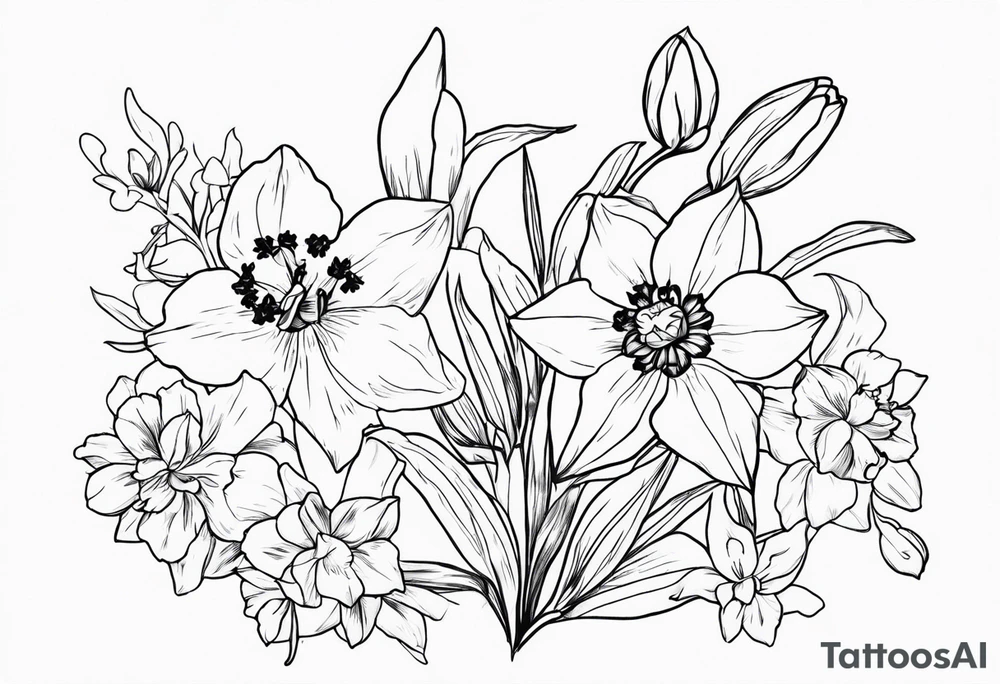 Larkspur and narcissus flowers tattoo idea