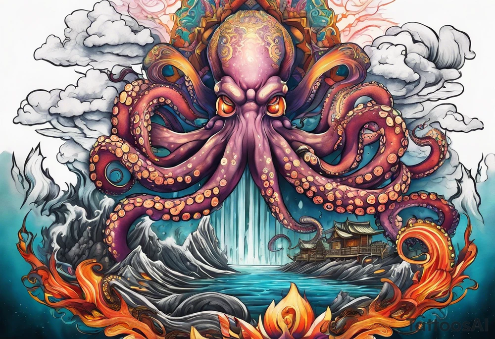 Octopus volcano bridge tattoo idea
