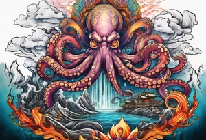 Octopus volcano bridge tattoo idea