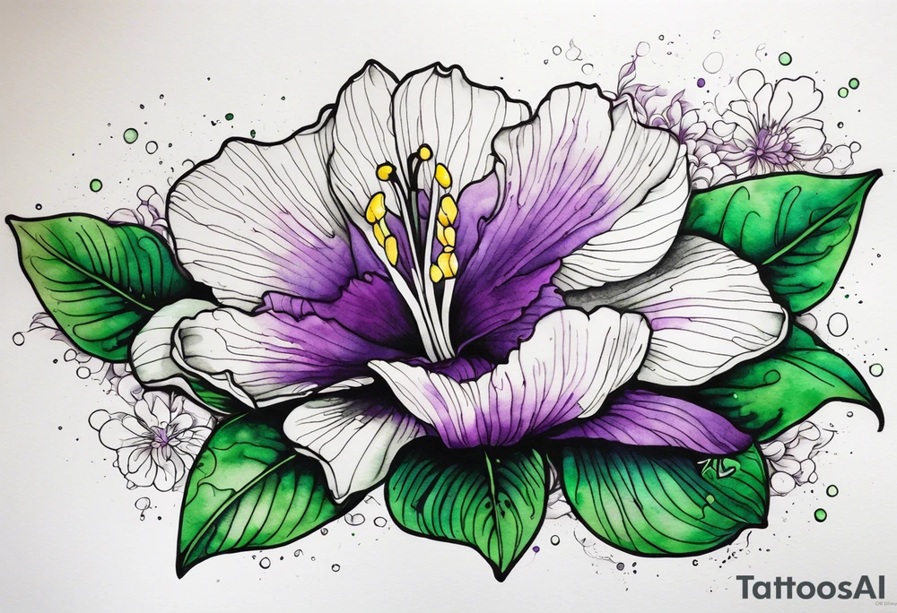 An outline of a rio dipladenia flower with a mystical green/purple watercolor splash in the background tattoo idea