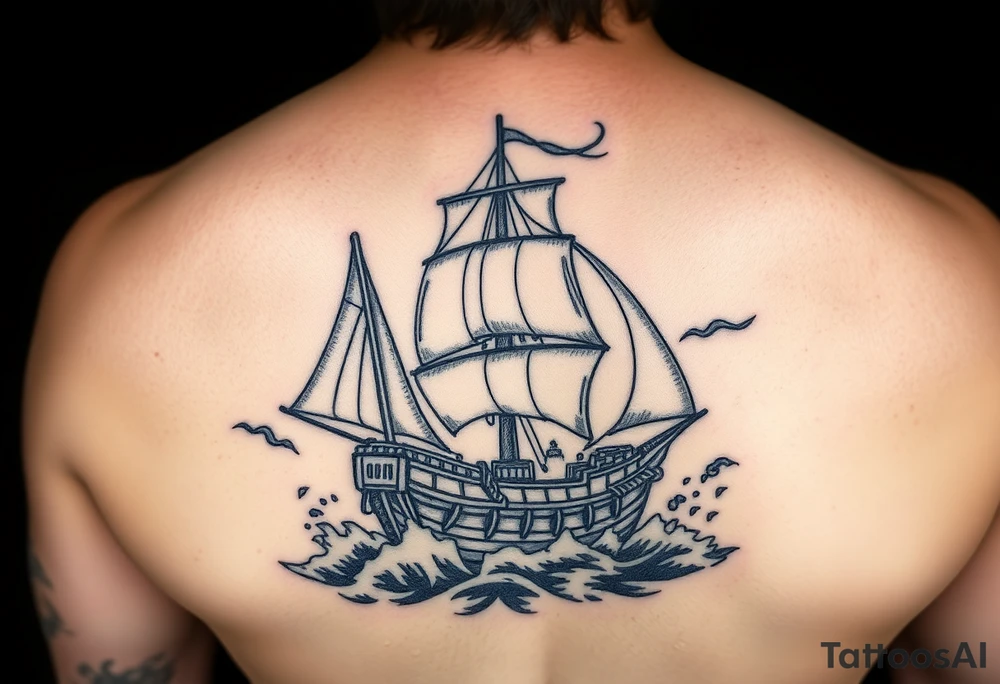Stern of a pirate ship sailing through stormy seas, dramatic lighting. tattoo idea